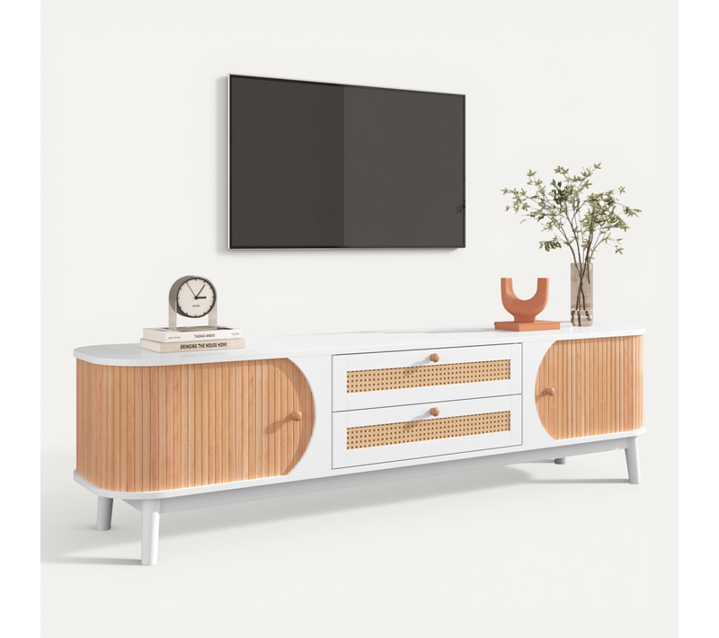 Meuble TV Bas En Bois Massif Et Rotin - 2 Tiroirs, 2 Portes Coulissantes - Pour Salon - Naturel
