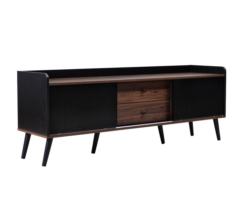 Meuble TV Noir, 2 Tiroirs, 2 Portes Coulissantes, Télévision En Bois, Pour Salon Chambre,160x40x58cm
