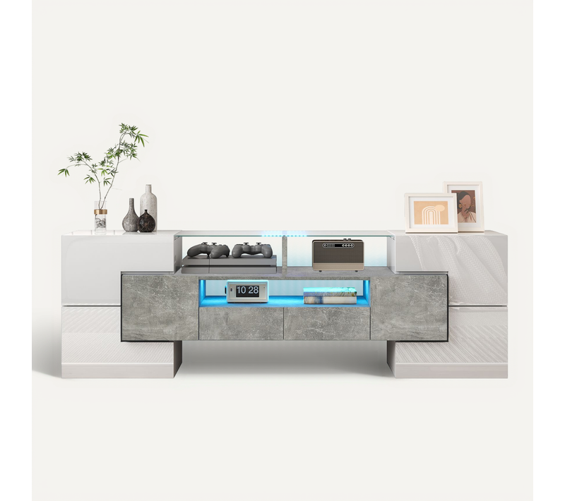 Meuble TV LED, Longueur Meuble Télé Haut Pour Salon, Avec Rangement, 150 X30x50 Cm, Blanc Et Gris