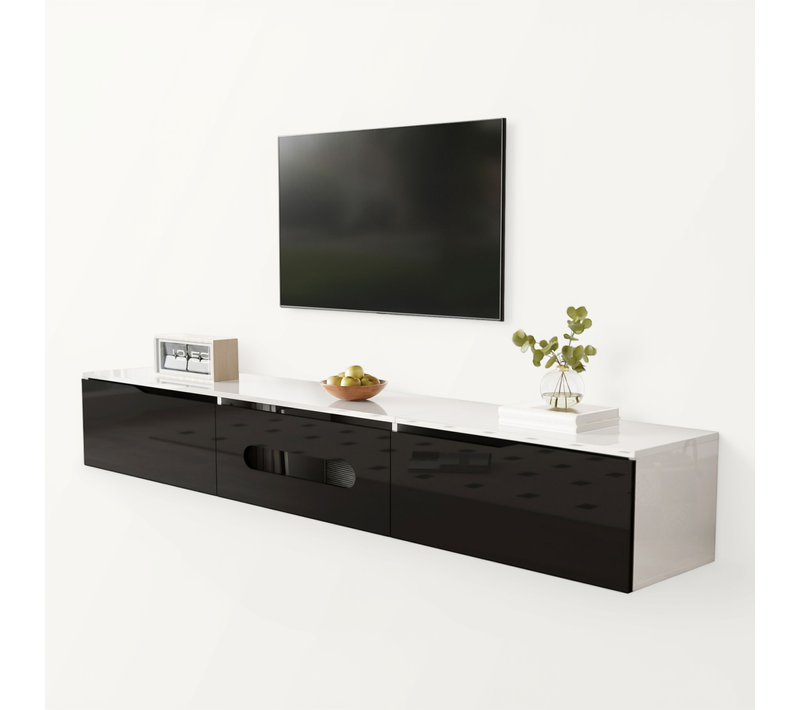 Meuble TV Bas Avec LED, Avec 3 Cabinets, Suspendu Ou Au Sol, Pour Salon,180 X30x30cm, Noir Brillant