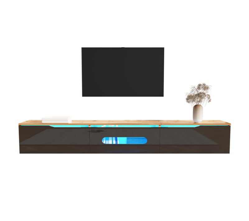 Meuble TV Avec 3 Portes Et LED, Meuble De Salon Mural Meuble TV En Bois, 180cm, Noir + Couleur Bois