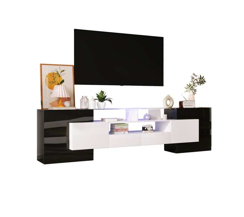 Meuble TV 200 Cm, Brillant Avec Éclairage LED, Meubles De Salon, Surface Élégante En Verre, Noir