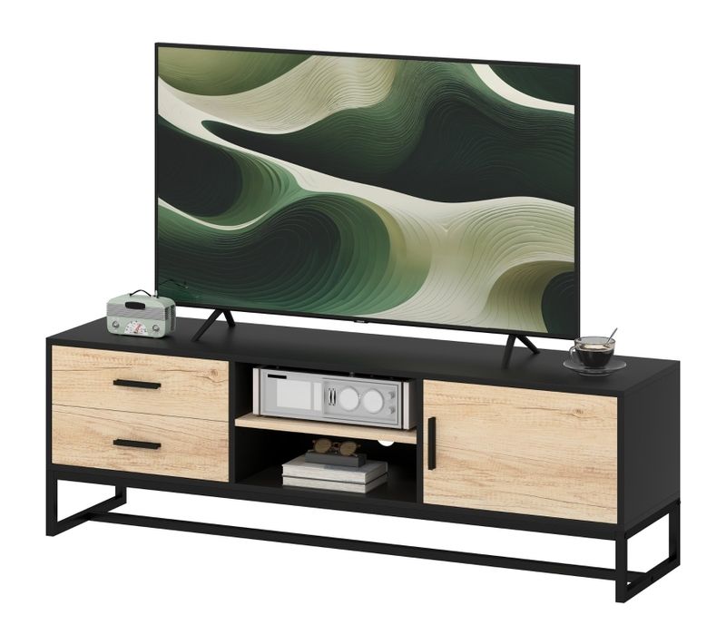 Meuble TV Meuble Télé Bois, Compartiments Ouverts, 2 Tiroirs, Pour Salon Chambre à Coucher, Bois