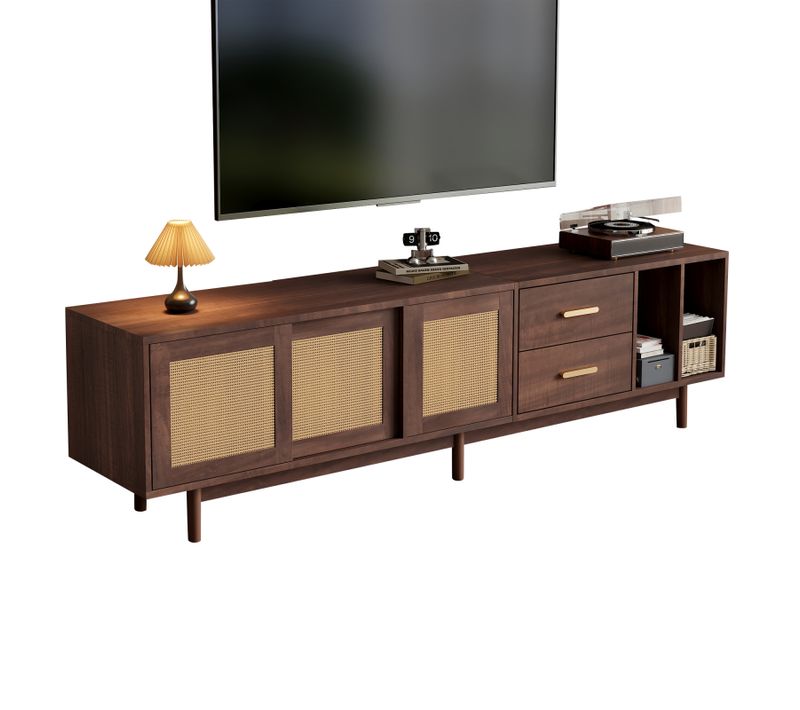 190 Cm TV-schrank Placard De Rangement, Lowboard Avec Tiroirs, Mdf Marron Avec Rattan