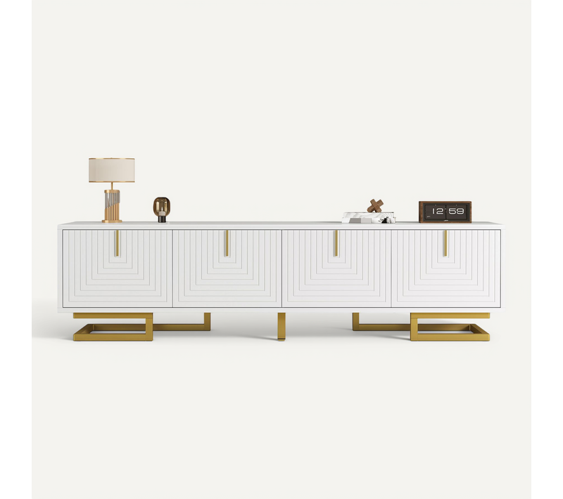 Meuble TV Avec Portes Structurées, 160 X 38 X 44,5 Cm, Meuble Bas, Avec Tiroirs, Pieds Dorés, Blanc
