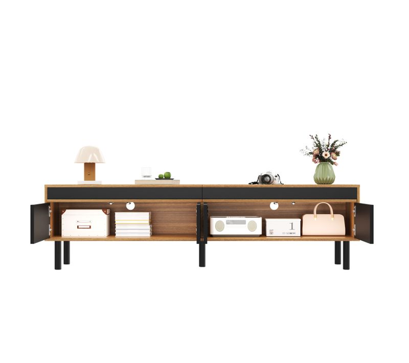 Meuble TV En Bois Et Noir, Meuble TV Bas Avec 4 Portes, Couloir Et Chambre à Coucher, 170x38x47.7cm