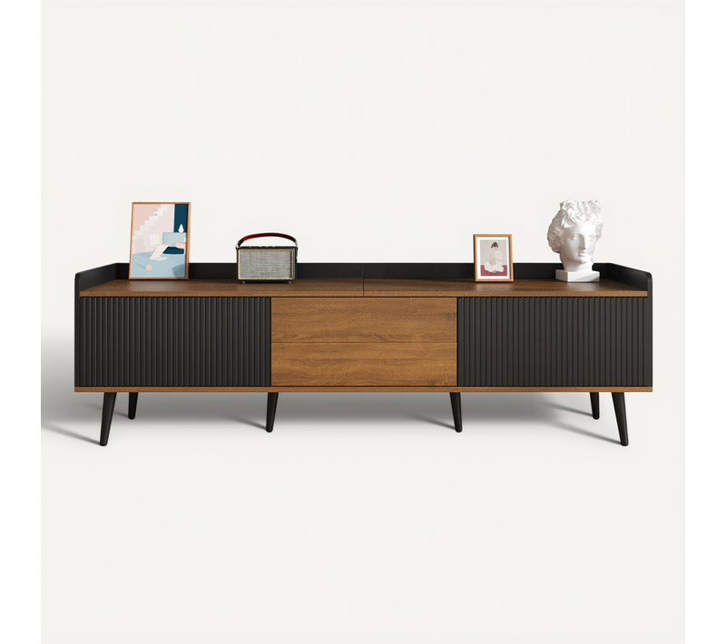 Meuble TV Moderne Avec 3 Portes, Meuble Bas Finition Noire Et Bois Naturel, 160x39x49.5cm
