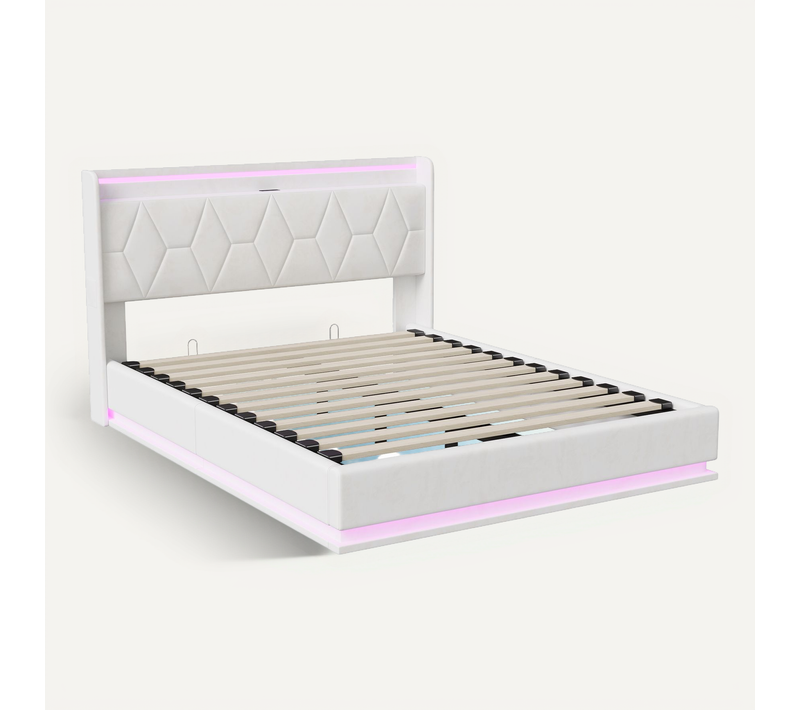 Lit Double 160x200 Avec LED Et USB, Lit Coffre Avec Sommier à Lattes Et Tête De Lit, Velours, Blanc