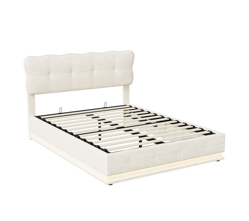 Lit Double Rembourré 140 X 190 Cm Avec LED, Tête De Lit Et Sommier à Lattes, Velours, Beige