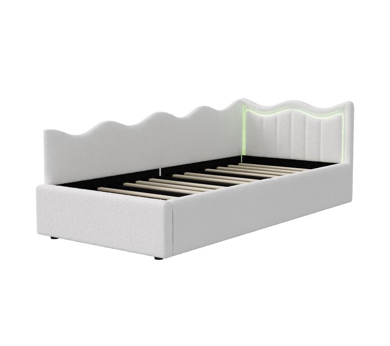 Lit Coffre En Velours Blanc 90x200 Cm, Tête De Lit Ondulée Et LED, Sommier à Lattes En Bois