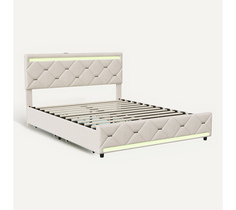 Lit 140x190 Avec Sommier LED Et USB, Lit Double Rembourré Avec 4 Tiroirs Rangement, Blanc Cassé