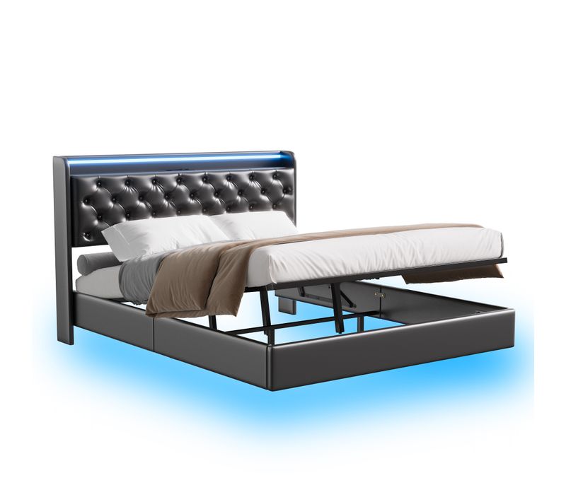 Lit Coffre 160x200 Cm Avec LED Et Port USB, Lits 2 Personnes Avec Sommier à Lattes, Pu, Noir