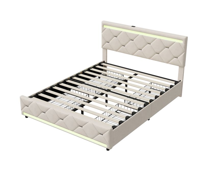 Lit 160x200 Avec Sommier LED Et USB, Lit Double Rembourré Avec 4 Tiroirs Rangement, Blanc Cassé