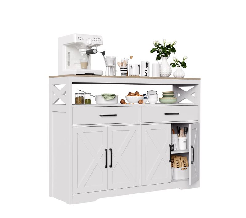 Buffet, Meuble De Rangement Avec 2 Tiroirs Et 4 Portes, Pour Cuisine, Salon, 140x40x105 Cm, Blanc