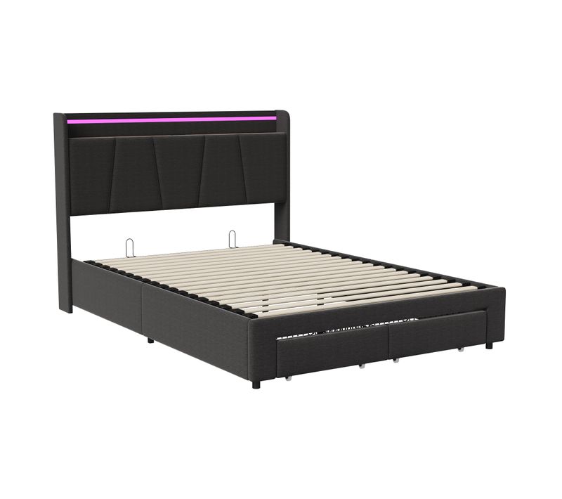Lit Capitonné 140x200 Avec Rangement, Avec LED Et Ports De Charge USB, Lit Double, Lin, Gris Foncé