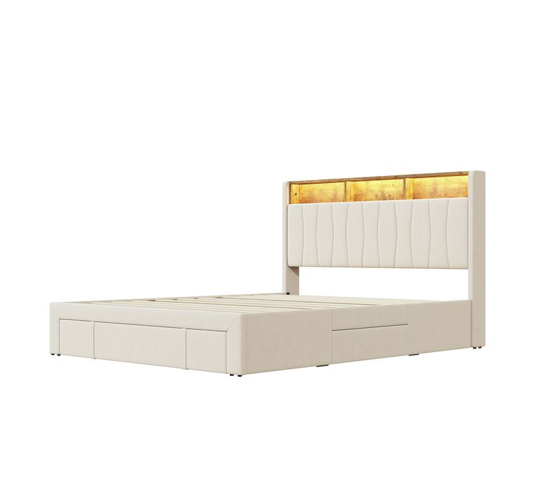 Lit Double Rembourré 160x200 Cm Avec LED Et USB, Avec Rangement, Lits 2 Personnes, Velours, Beige