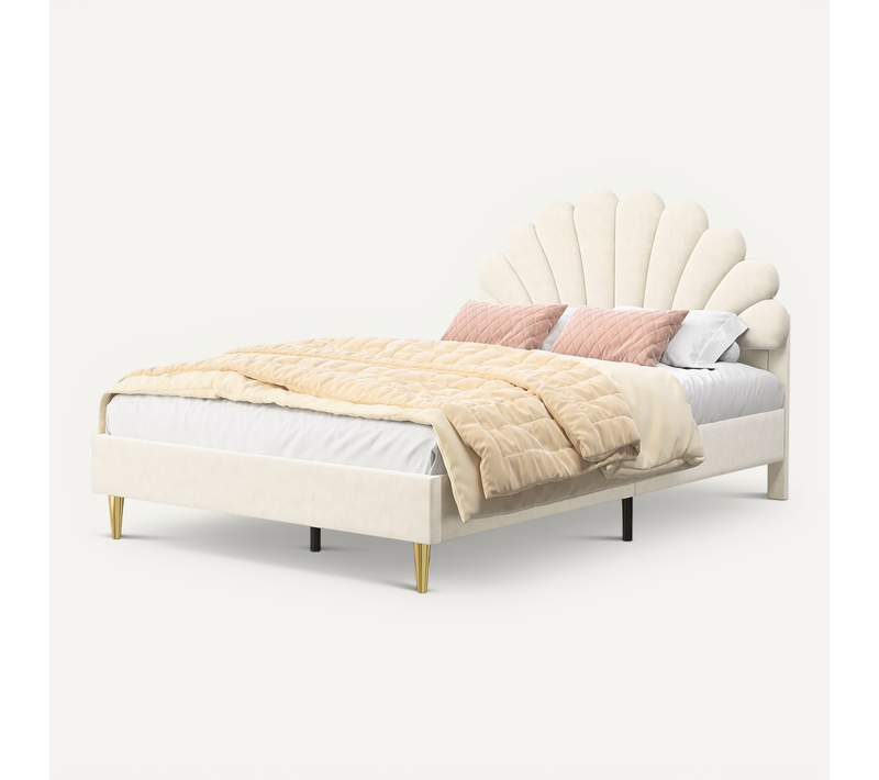 Lit Double 140 X 200 Cm, Rembourré, Avec Tête De Lit En Forme De Fleur Et Sommier à Lattes, Beige
