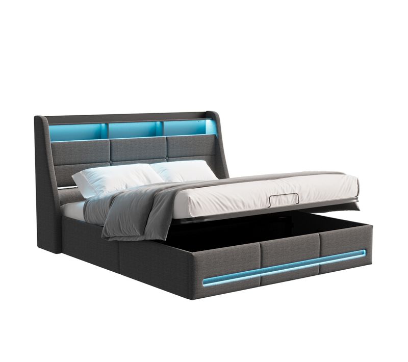 Lit 160x200 Avec Sommier LED Et Charge USB, Lit Double Rembourré Avec 4 Tiroirs, Lin, Gris