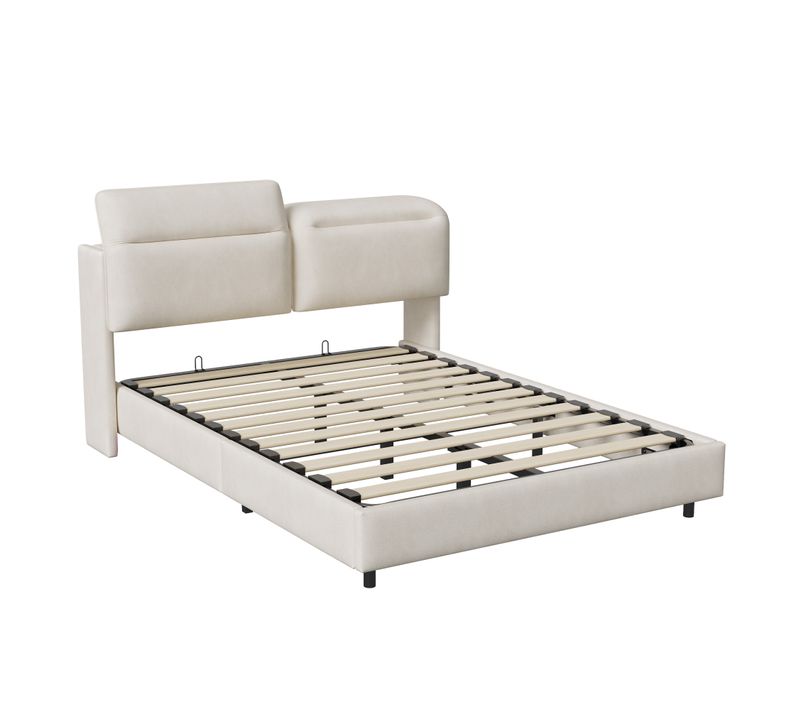 Lit Capitonné 140 X 200, Avec LED Et Tête De Lit Pliante, Compartiment De Rangement, Velours, Blanc