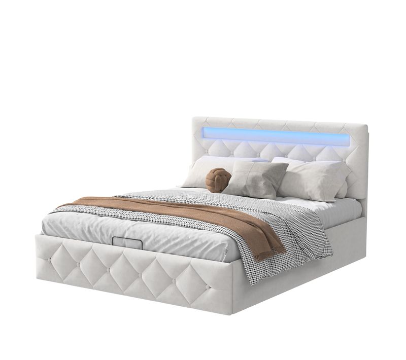 Lit Double 160x200cm Avec LED Et USB, Avec Sommier à Lattes, Avec Rangement Et Tete De Lit, Blanc