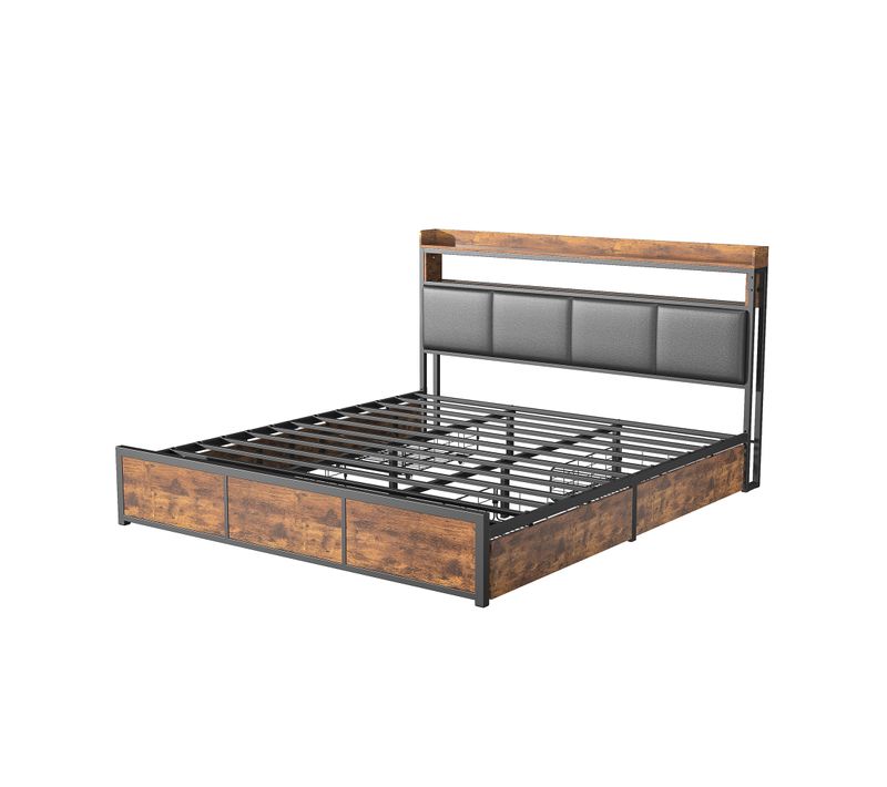 Lit 180x200 Avec Sommier Et LED, Tête De Lit En Pu Noir, Structure En Métal Et Rangement Pratique