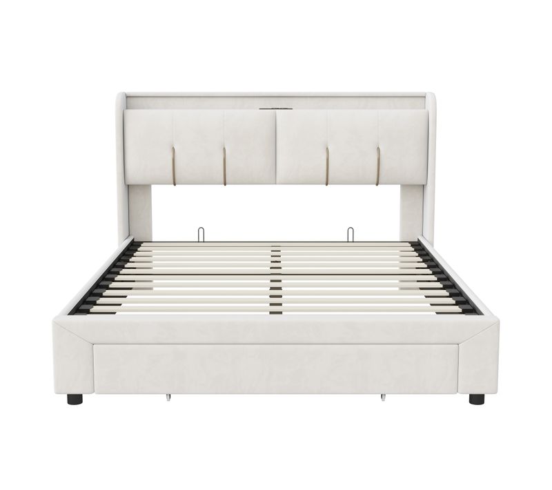 Lit Coffre 140x200 Cm Avec LED Et USB, Lit Double Rembourré Avec Tiroirs, Velours, Beige