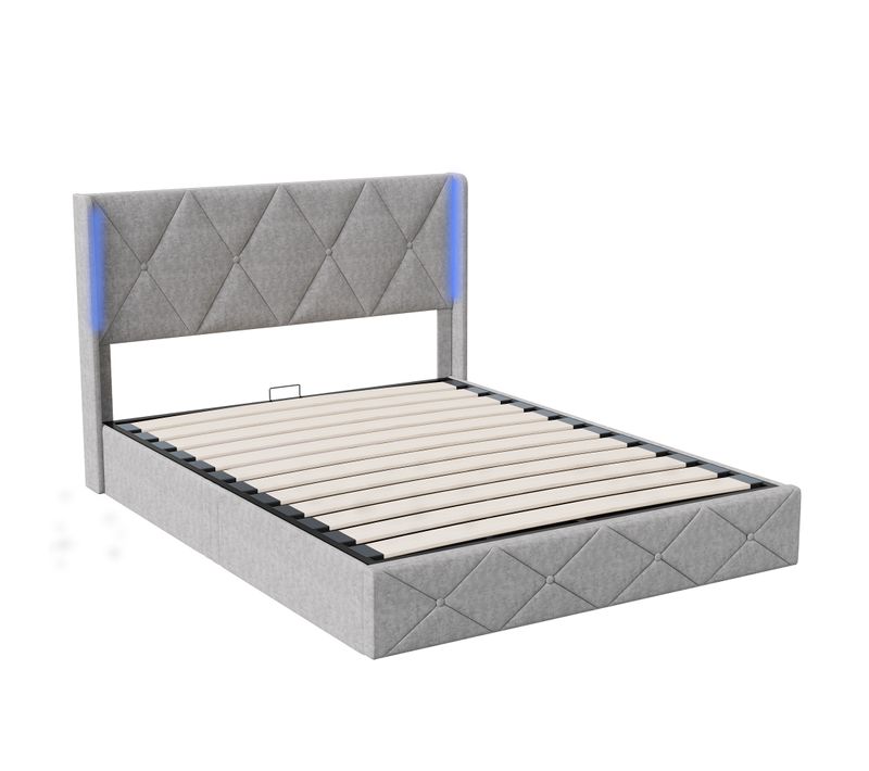 Lit Double Rembourré 140x200 Cm, Avec LED, Lit Coffre Avec Rangement Et Sommier à Lattes, Gris