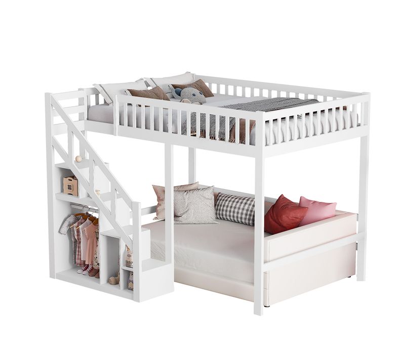 Lit Mezzanine 90 X 200 Cm, Multifonctionnel Lit Mezzanine Enfant Avec Escaliers Et Rangement, Blanc