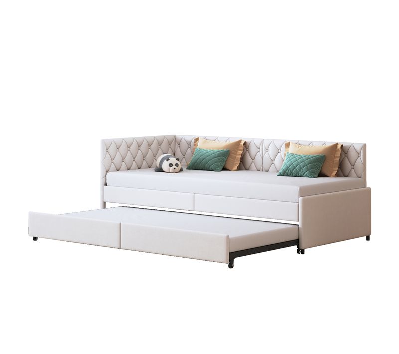 Lit Gigogne 90/180x200 Cm - Canapé-lit Extensible Avec Sommiers à Lattes En Tissu Velours - Beige