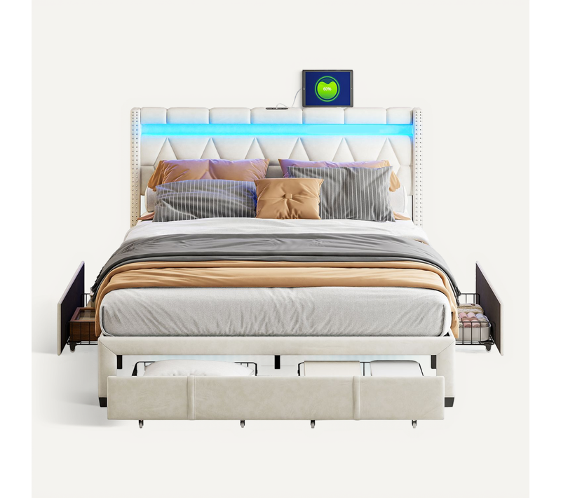 Lit 160 X 200 Avec Tiroirs, Lit Rembourré Avec LED Et USB Cadre De Lit Double Lit Adultes, Beige