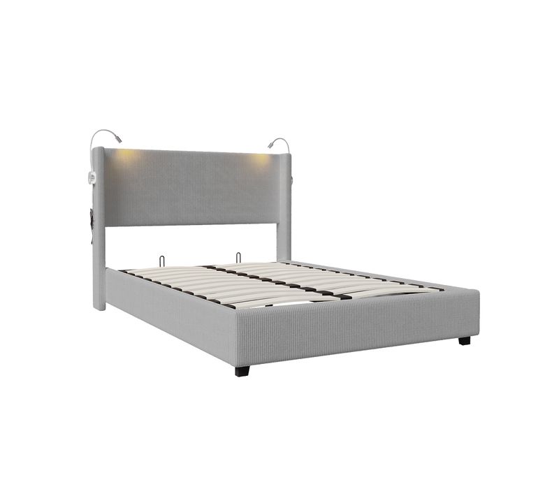 Lit 140 X 200 Avec Sommier Coffre, Lit Deux Place Avec Liseuse, USB Et Fonction De Rangement, Gris