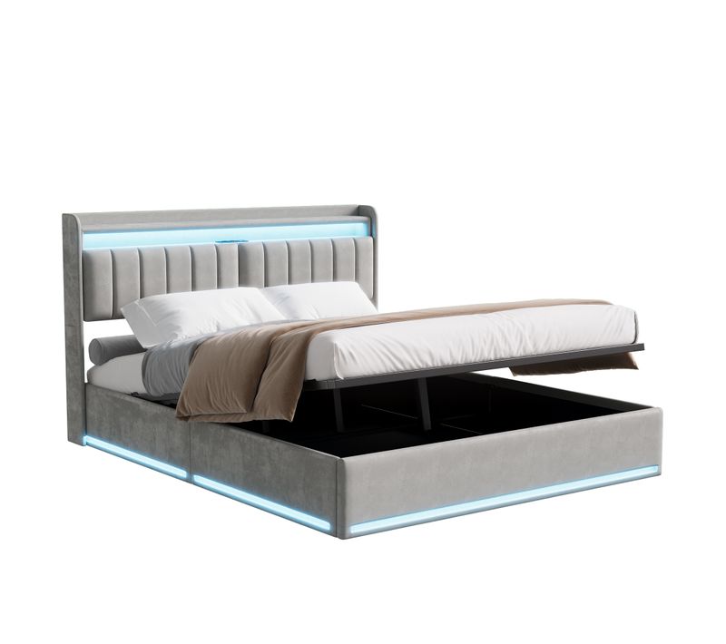 Lit Coffre 140x200 Avec Sommier, Lit Capitonné Double Lits Adulte Avec Rangement Avec Sommier, Gris