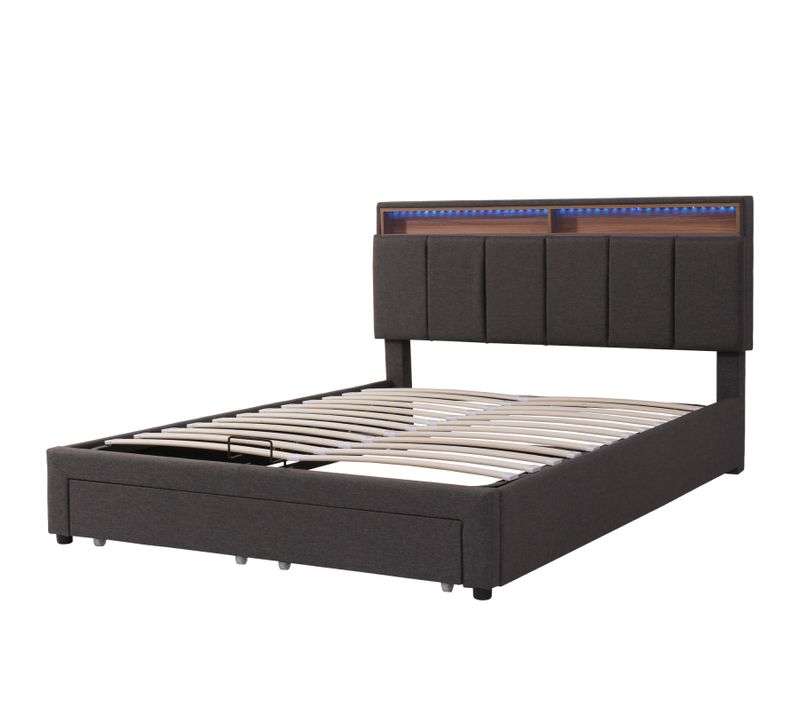 Lit Capitonné,180 X 200 Cm, LED, Tiroirs Et Grand Espace De Rangement Pour Tête De Lit, Lin, Gris