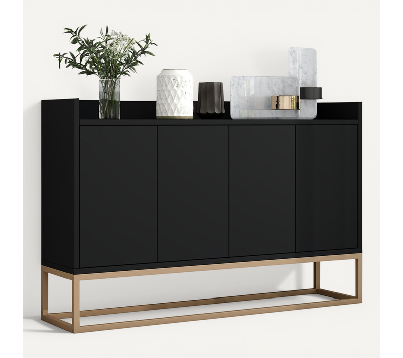 Buffet Bas, Avec 4 Portes Et Étagères Réglables, Pour Salle à Manger, Salon, Noir