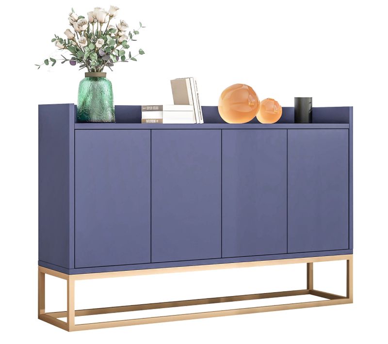 Buffet Bas, Avec 4 Portes Et Étagères Réglables, Pour Salle à Manger, Salon, Bleu