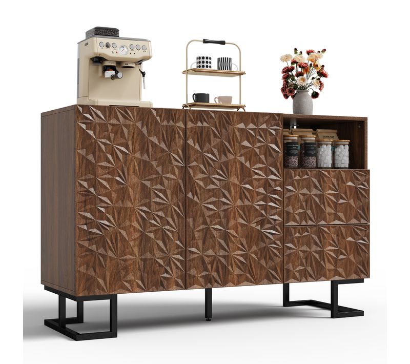 Buffet De Rangement Avec 2 Tiroirs, 2 Portes Et Pied Métal, Commode Décoration En Relief, Pour Salon