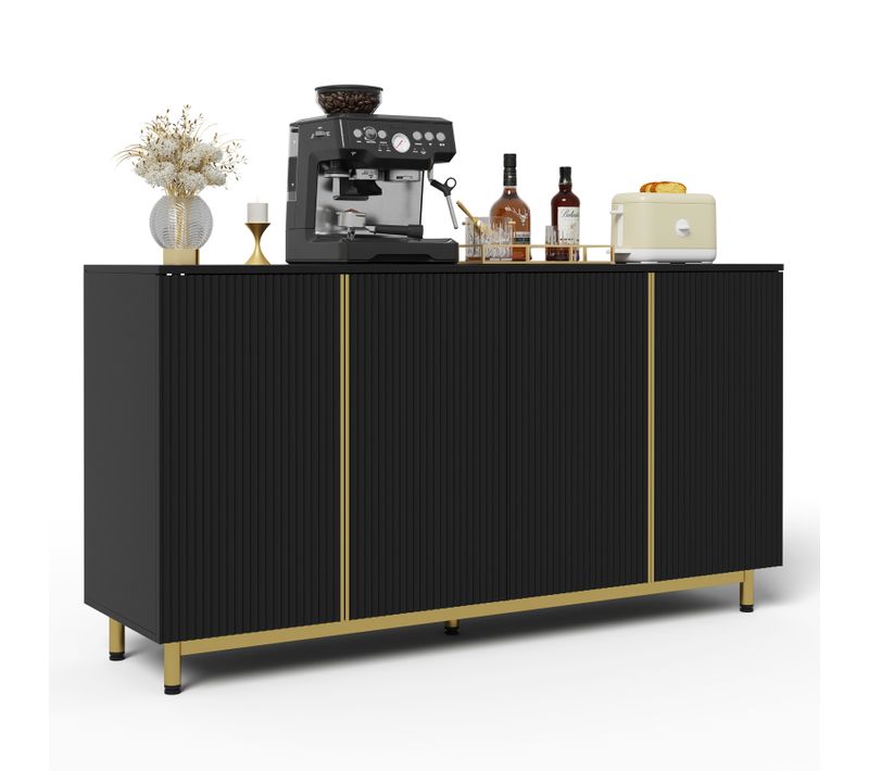 Buffet 150 Cm, Armoire Buffet Avec Portes Cannelées Ondulées, Pieds Métalliques Réglables, Noir