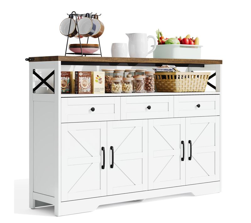 Buffet De 140 Cm Avec Espace De Rangement, Bar à Café Avec 3 Tiroirs, Convient Pour Cuisine, Blanc
