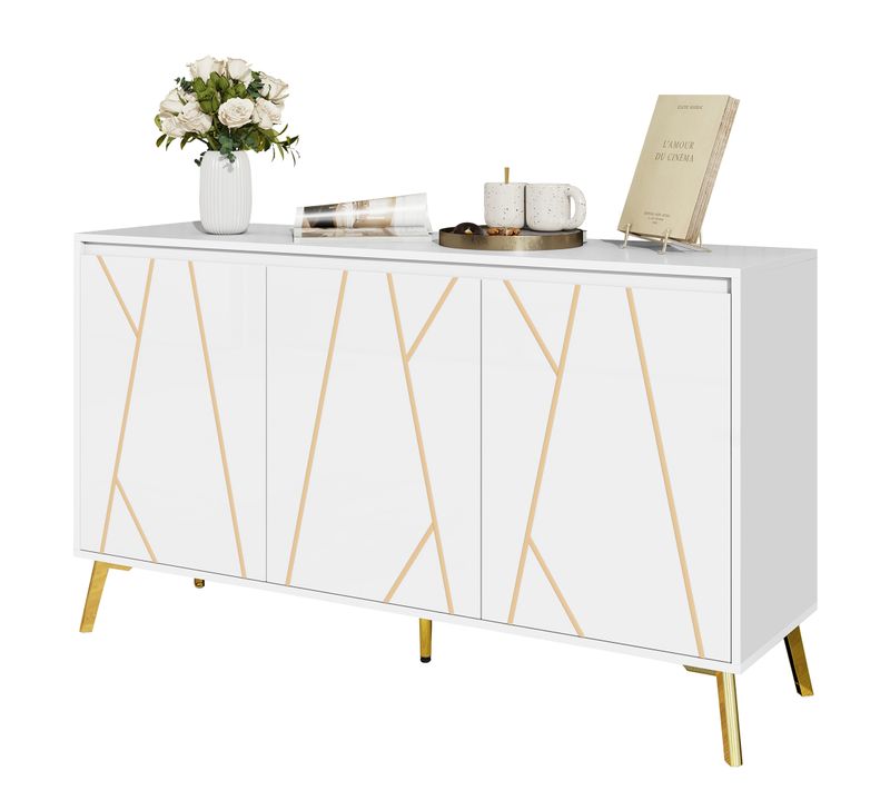 Buffet Moderne Avec 3 Portes - 140 X 40 X 80 Cm - Mdf - Pour Salon Ou Cuisine - Blanc Et Doré