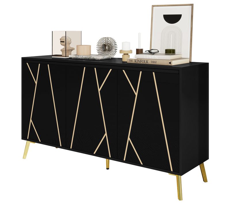 Buffet Moderne Avec 3 Portes - 140 X 40 X 80 Cm - Mdf - Pour Salon Ou Cuisine - Noir Et Doré