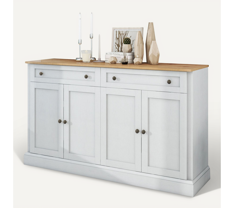 Buffet 4 Portes 2 Tiroirs, Style Moderne, 150x86x40 Cm, Pour Salon Et Salle à Manger, Blanc + Bois