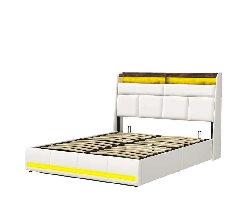 Lit Coffre 160 X 200 Cm, Avec Sommier à Lattes, Lits 2 Personnes Avec Lumière LED En Pu, Blanc