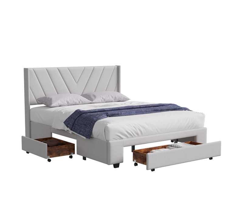 Lit Double 140x200 Cm, Avec Sommier, Lit Double Avec Rangement, Lit Deux Place, Beige