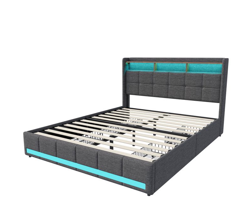 Lit Double 140x200 Cm Avec Sommier, LED Et USB, 4 Tiroirs Et Tête De Lit De Rangement, Lin, Gris