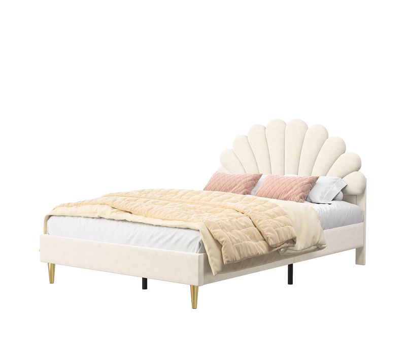 Lit Double 140 X 200 Cm, Rembourré, Avec Tête De Lit En Forme De Fleur Et Sommier à Lattes, Beige