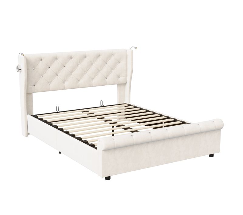 Lit Double 140 X 190 Cm, Avec Lampes De Lecture, Lit De Rangement, Sommier à Lattes, Velours, Beige