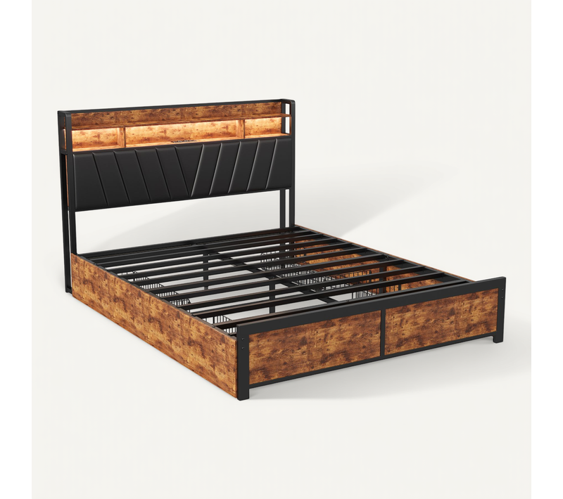 Lit Double En Métal 180x200 Cm, Avec LED Et USB, 4 Tiroirs, Avec Sommier à Lattes, Noir