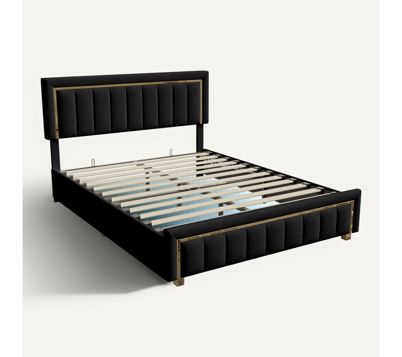 Lit Coffre 140x200 De Rangement Avec Tête De Lit Matelassée, Lits Double Avec Sommier à Lattes, Noir