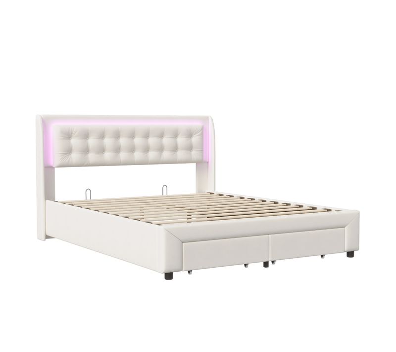 Lit Coffre 140 X 190 - Velours Beige - 2 Tiroirs - Lumières LED Réglables - Dossier Souple