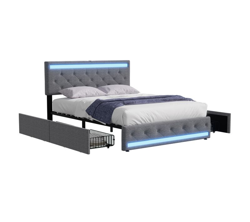 Lit 140x190 Sommier LED Et USB, Lit Double En Lin Avec Tête Et Pied LED, 4 Tiroirs En Métal, Gris